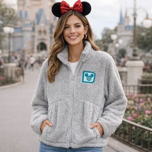 Disney Parks Sherpa Jacket Women’s Large Gray Walt Disney World Full Zip Fleece
